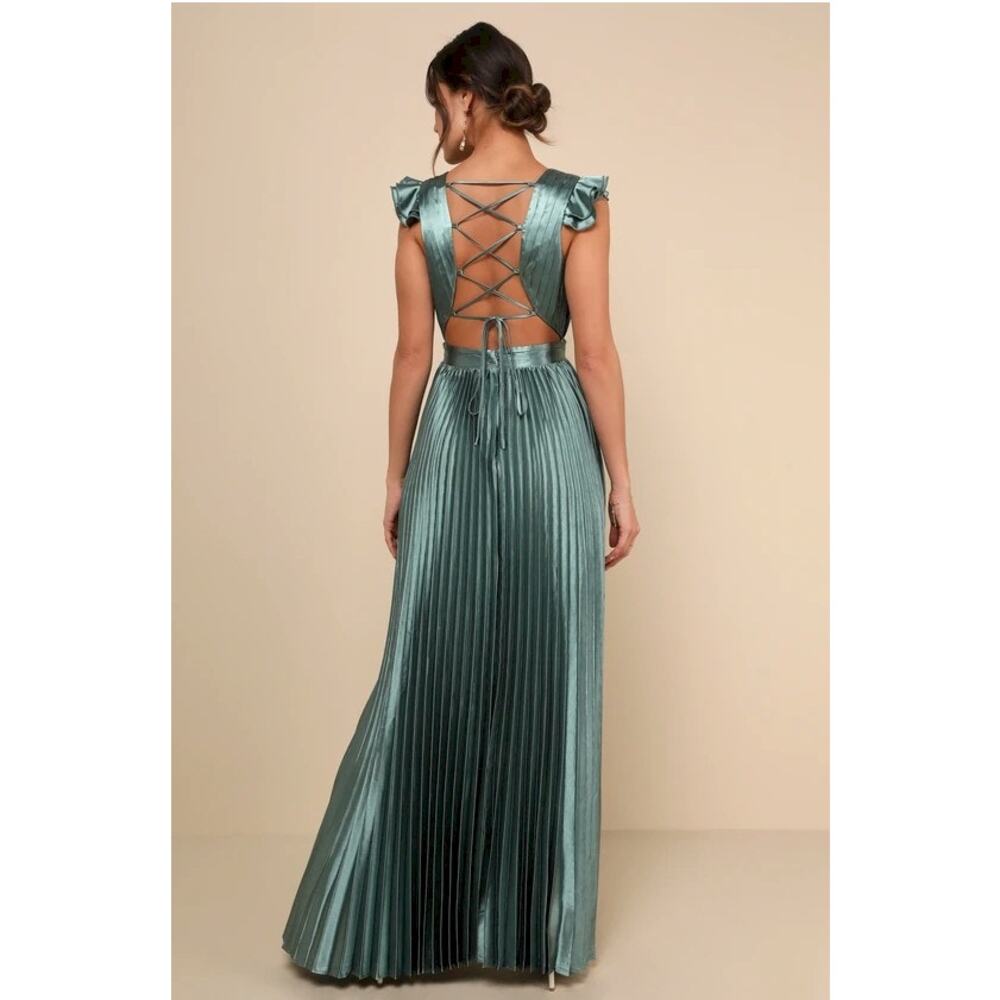 Exceptional Drama Sage Green Satin Lace-Up Pleated Maxi Dress Small NWOT - Picture 6 of 13